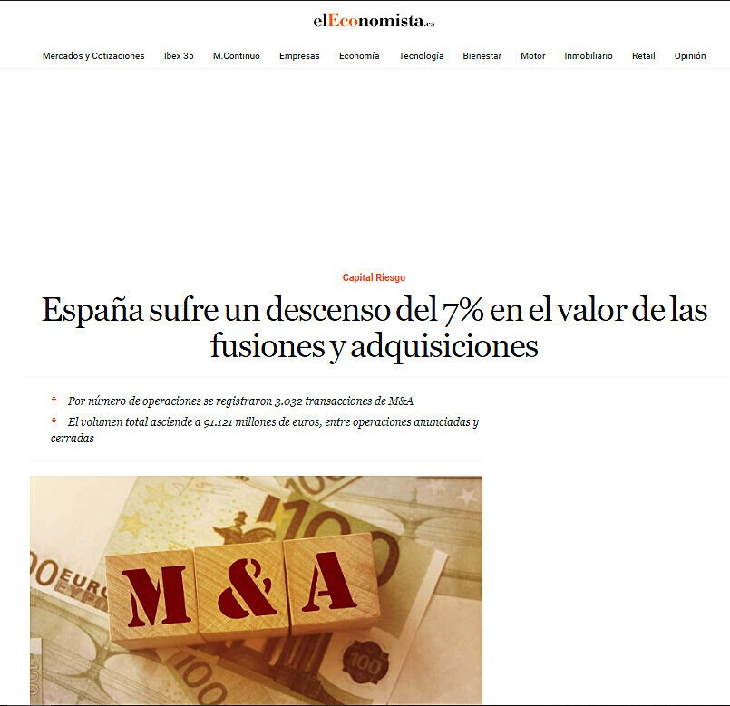 Espaa sufre un descenso del 7% en el valor de las fusiones y adquisiciones